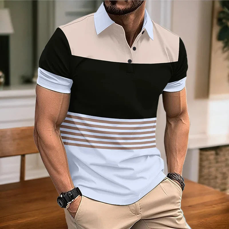 sanyamk Men's summer New short sleeved lapel 3D digital printed striped polo shirt fake pocket buckle men's business casual top