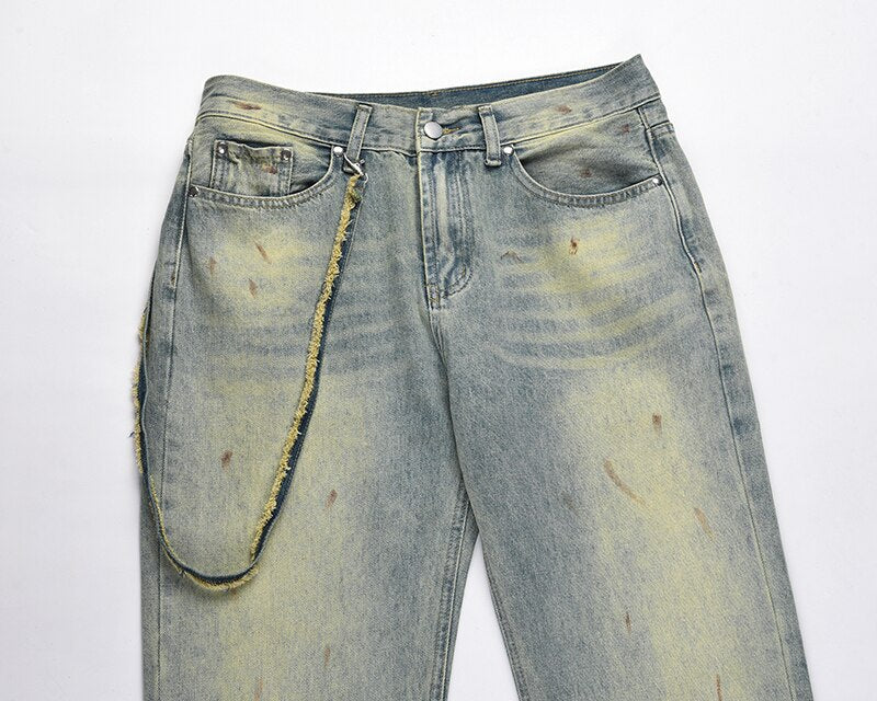 Bonsir High Street Hand Painted Distressed Washed Design Patchowrk Mens Jeans Pants Stragiht Streetwear Ripped Casual Denim Trousers