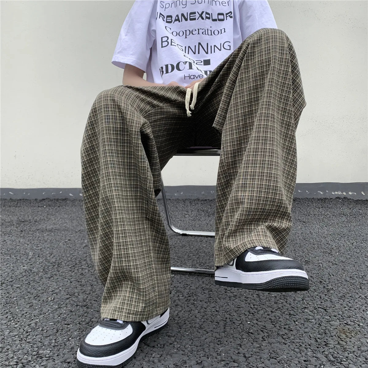 sanyamk  -  Summer/Autumn Plaid Pants Men Loose Casual Straight Trousers for Male/Female Harajuku Hip-hop Streetwear Wide-leg Mopping Pants