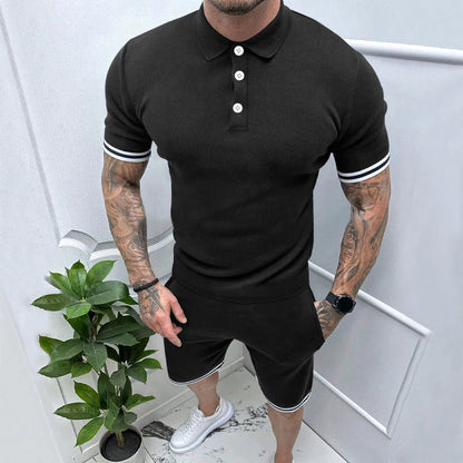 sanyamk  -  2024 Spring Summer Fashion Two Piece Suits Mens Short Sleeve Patchwork Polo Shirts And Shorts Sets For Men New Casual Outfits