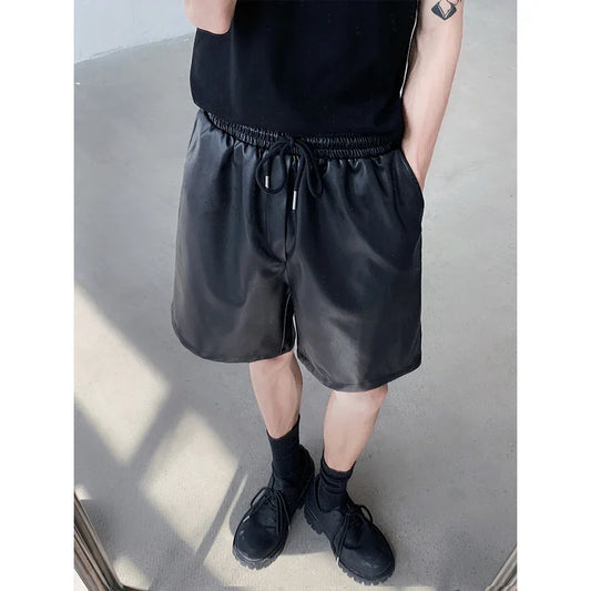 Bonsir Summer Leather Shorts Men Fashion Black Motorcycle Shorts Mens Streetwear Hip-hop Loose Leather Shorts Men Casual Shorts M-2XL