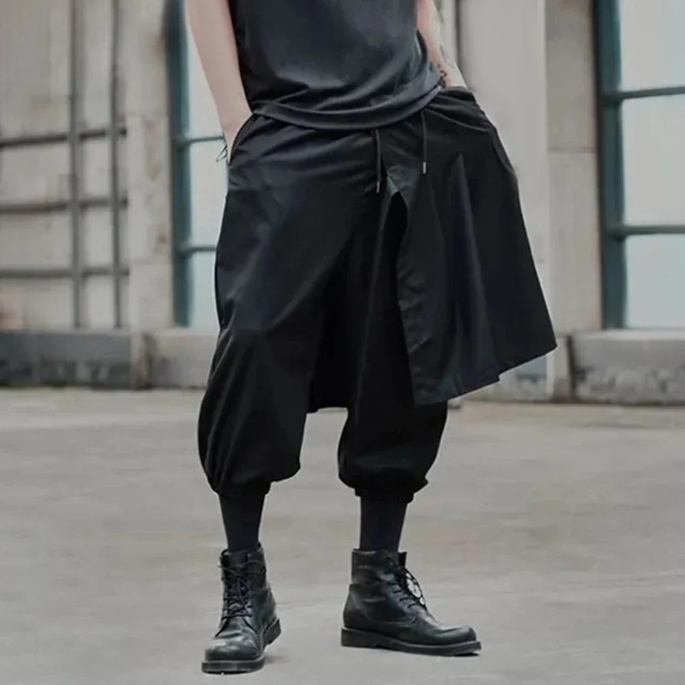 sanyamk Mens Double Layer Irregular Skirts Genderless Retro Sports Fitness Solid Color Streetwear Loose Wide Leg Cargo Pants Unisex