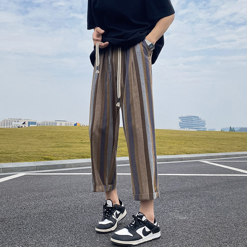 sanyamk Summer Casual Pants Men Fashion Retro Straight Pants Men Streetwear Hip-hop Loose Striped Pants Mens Trousers Large Size M-5XL