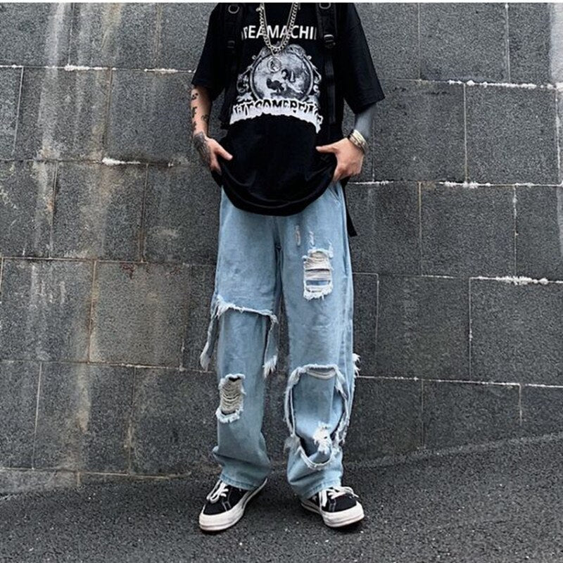 Bonsir High Street Dark Personality Destroys Raw Edge Fake Two Trendy Jeans Ripped Harajuku Punk Wide-leg Straight Denim Pants Black