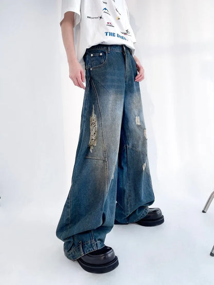 sanyamk Hip Hop Ripped Jeans Men High Street Male Distressed Denim Wide Leg Pants Casual Trousers Vintage Streetwear Loose