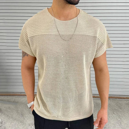 sanyamk  - Knitting Hollow Out Breathable Thin T Shirt Mens Summer Fashion Pure Color Knitted T-shirts Men Casual O Neck Short Sleeve Tops