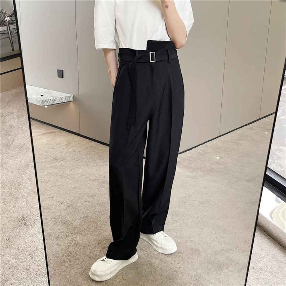 Bonsir New Trend Loose Wide Leg Fashion  Suit Pants Men High Waist Casual Pants Korean Ribbon Belt Streetwear Hip Hop