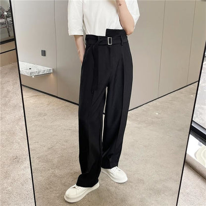 Bonsir New Trend Loose Wide Leg Fashion  Suit Pants Men High Waist Casual Pants Korean Ribbon Belt Streetwear Hip Hop