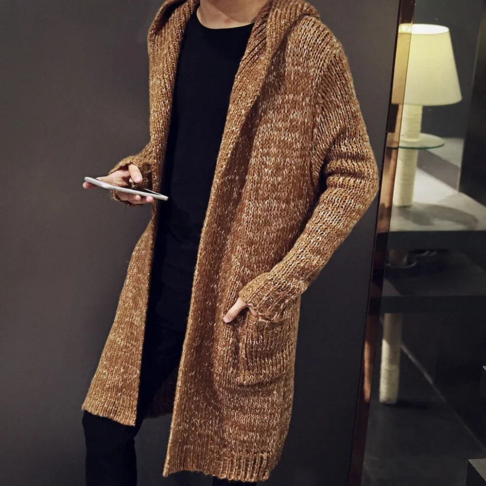 Bonsir Men Cardigan Sweater Korean Fashion Slim Fit Long Sweater Coat With Hood Men Streetwear Coat Brown Small Size Cardigan