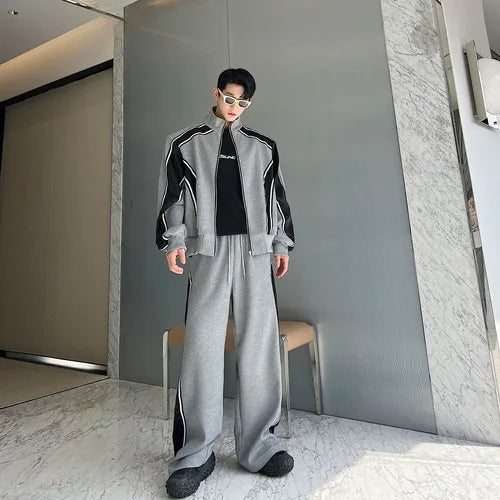 Bonsir  Color Contrast Design Sweatshirt Men's Casual Splicing Korean Straight Pants Two-piece Sets Street High Fashion