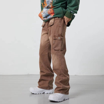 sanyamk High Street Washed Pockets Retro Jeans Pants for Men Straight Distressed Casual Baggy Denim Trousers Loose Hip Hop Cargos