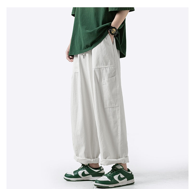 sanyamk Summer Cotton Pocket Casual Pants Men Fashion Cargo Pants Men Japanese Streetwear Hip Hop Loose Straight Pants Mens Trousers