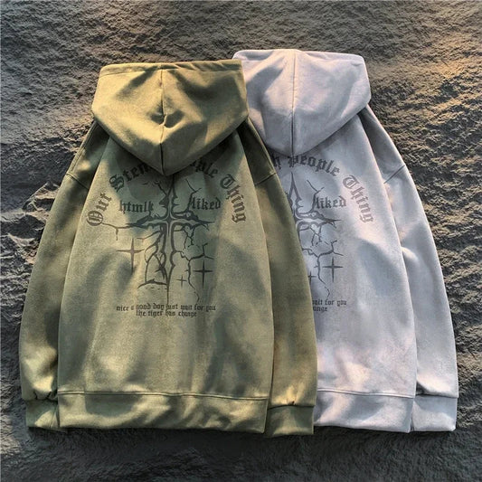 sanyamk Vintage Gothic Hooded Sweatshirt For Men Graphic Print Suede Hoodies Harajuku Couple Clothing Oversized Unisex Sweatshirts