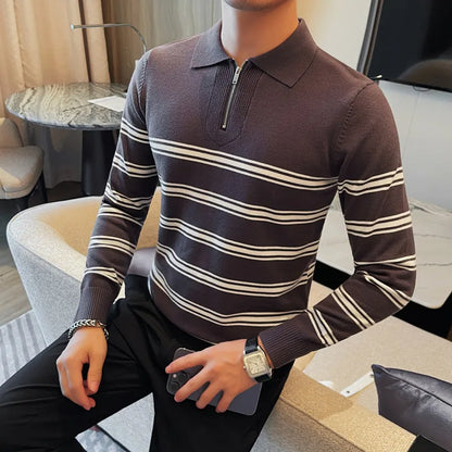 Bonsir Fall Men's Lapel Striped Color Long-sleeved Sweater Knit Men's Slim-fit Casual Pullover Half Zip Collar Men's Sweater Streetwear