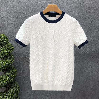 sanyamk Fashion Jacquard Knitted T-shirts For Men Summer short sleeved O-neck Contrast Color Patchwork Thin Tee Tops Casual Knitwear