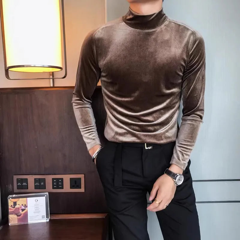 Bonsir Autumn Winter Velvet T-shirt for Men Long Sleeve Slim Fit Warm T Shirt Solid Color Half High Collar Social Streetwear Tee Tops