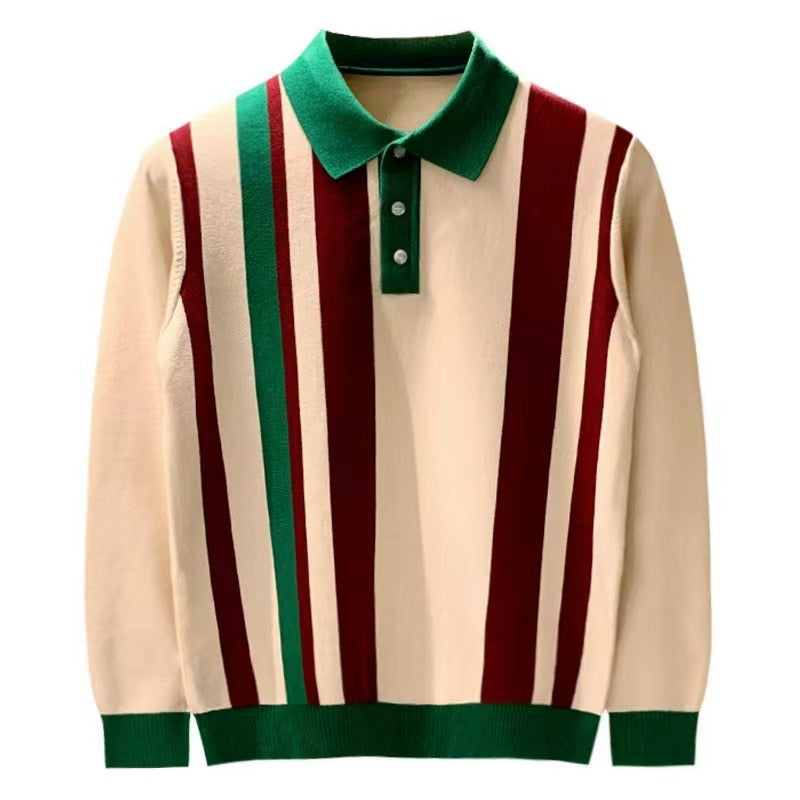 sanyamk Spring Autumn Knitting Polo Shirt Men Casual Turn-down Collar Button Fashion Color Stripe Slim Tops Ice Silk Knitting T-shirts