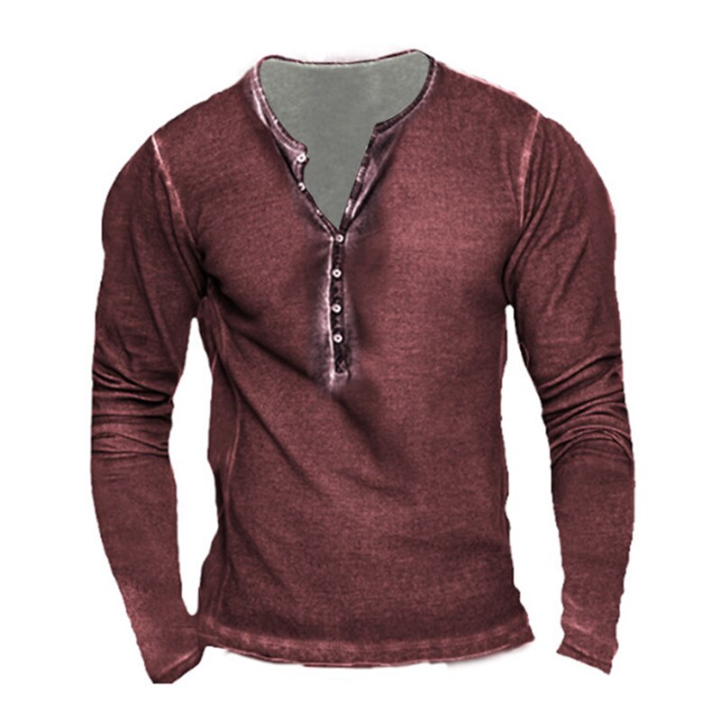 Bonsir Vintage Solid Cotton T Shirt Men Vintage Buttoned Crew Neck Pullover Casual Mens Clothes Long Sleeve Loose Tees Autumn Fashion