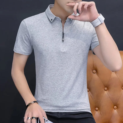 sanyamk Summer Solid Color Cotton Polo Shirt Business Lapel Short-Sleeved Fashion Simple Men'S Tops Slim Casual Sports Men'S T-Shirt