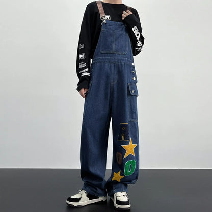 sanyamk Y2K Cargo Jeans Jumpsuit for Men Streetwear Hip Hop Punk Loose Denim Bodysuits Overalls Male Japanese Print Pocket Pants