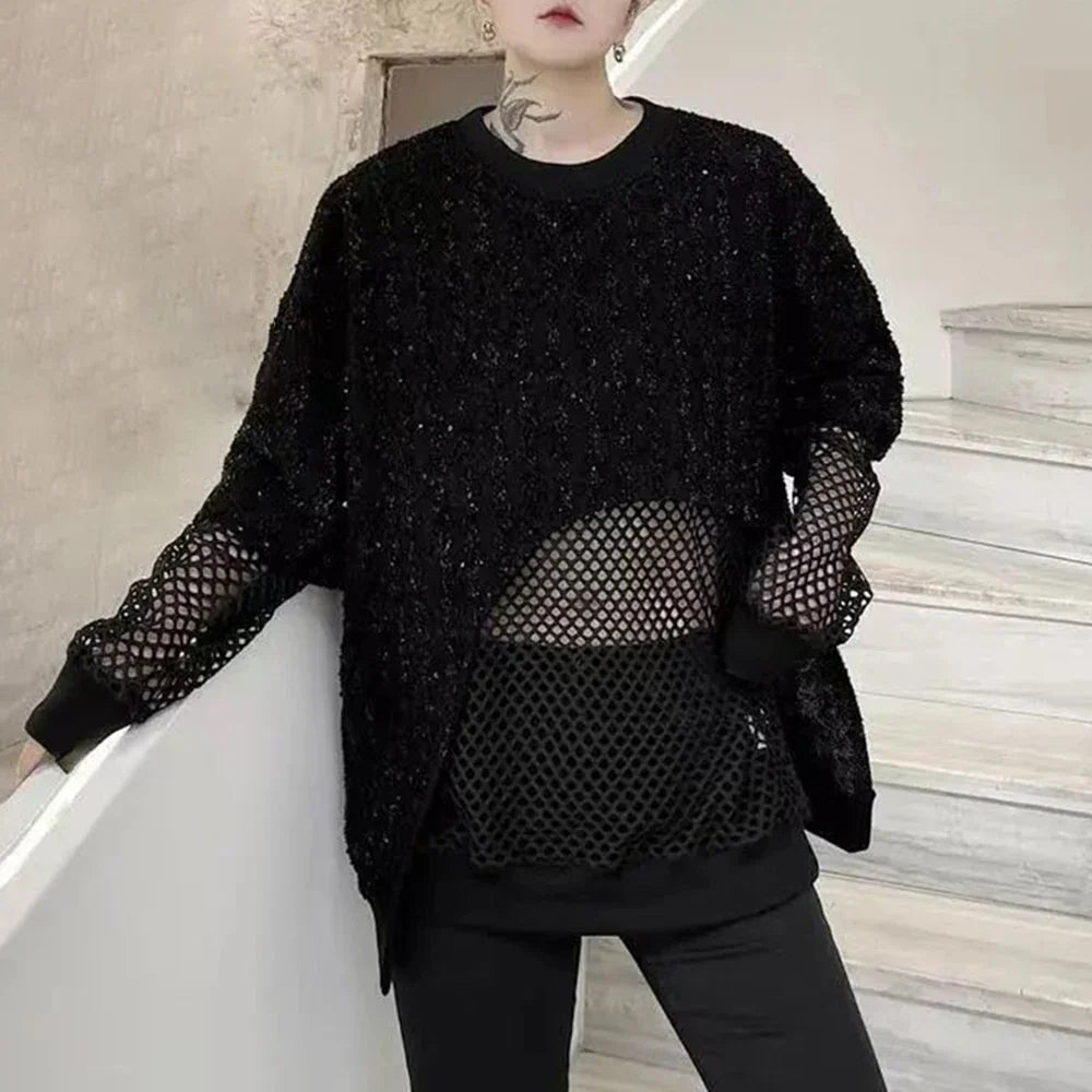 sanyamk Mens y2k sequin mesh stitching see-through sexy long-sleeved T-shirt autumn genderless nightclub fashion trend long top unisex