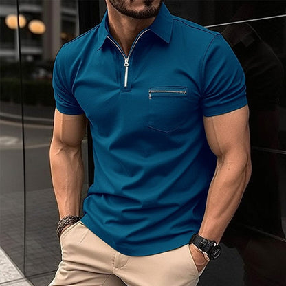 sanyamk Casual Slim Short Sleeve Lapel T-shirts Men Fashion Zipper Design Polo Shirt Summer Leisure Pure Color Slim Tops Mens Shirt