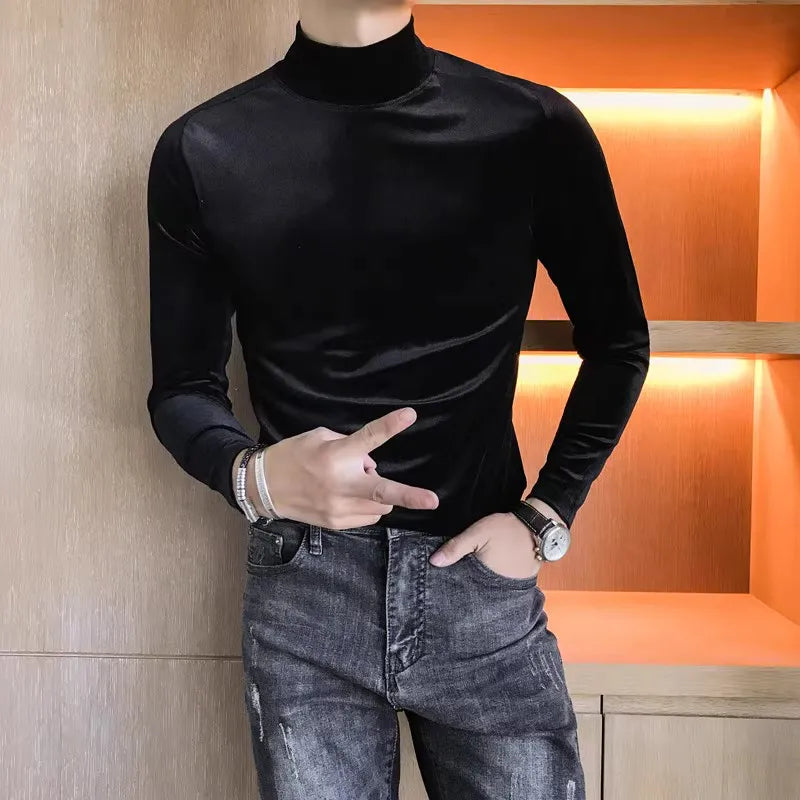 Bonsir Autumn Winter Velvet T-shirt for Men Long Sleeve Slim Fit Warm T Shirt Solid Color Half High Collar Social Streetwear Tee Tops