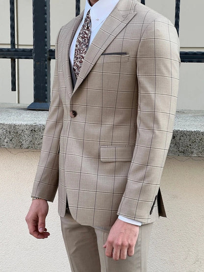 sanyamk Beige Men Suit 3 Pieces Plaid Jacket Gray Vest One Button For Wedding Birthday Business Casual Set Jacket Vest With Pants