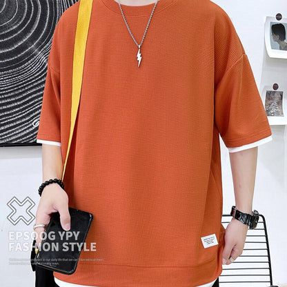 sanyamk Casual Men's Waffle Short-Sleeved T-Shirt Men's 2022 Summer New Simple Loose T-Shirt Fashion Round Neck Quick-Drying Men's Top