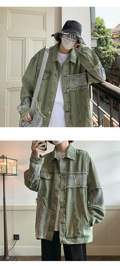 sanyamk Autumn Men Patchwork Denim Jackets Male Loose Coat Retro Streetwear Casual Couple Jacket Ins Tide Jackets Denim Brown/Green