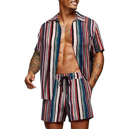 sanyamk Vintage Striped Print Shirts Mens Two Piece Sets Summer Short Sleeve Beach Shirt And Loose Shorts Men Suits Fashion Streetwear