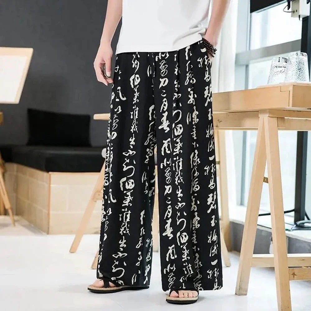 Bonsir Men Chinese Style Printed Characters Wide Leg Pants Summer Fashion Sports Baggy Tide Trousers Darkwear Letter Streetwear Unisex