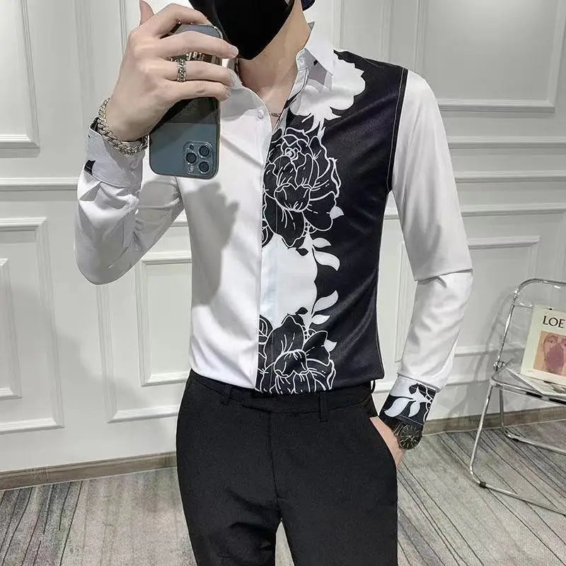 sanyamk Spring Autumn Korean Fashion Contrast Color Loose Casual Shirt Hombre Long Sleeve Printed Patchwork Blouse Male Buttons Tops Men