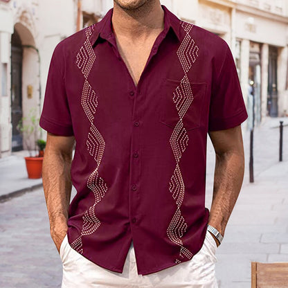 Bonsir Summer Men's Lapel Casual Short-sleeved Shirt Embroidery Retro Fashion All-match Holiday Wind Thin Tops Camisetas Men's Clothing