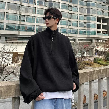 sanyamk Men Trend Stand Collar Oversize Streetwear Half Zipper Waffle Sweatshirt Y2K Simple Casual Long Sleeve Black White Pullover Tops