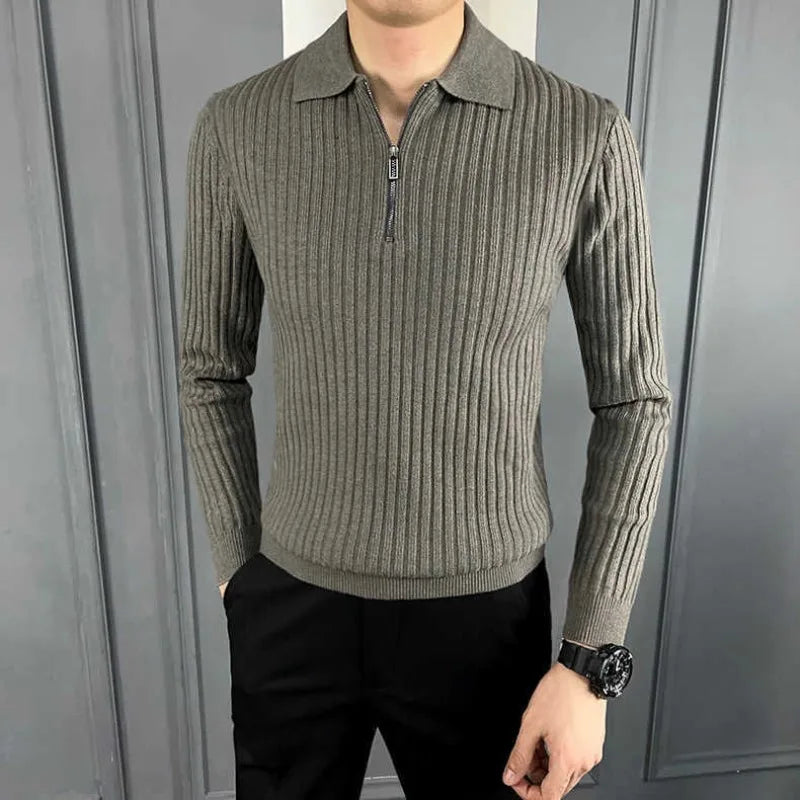 sanyamk Men's Autumn Winter Fashion Casual Solid Color Pullover POLO Neck Half Zip Versatile Long Sleeve Slim Fit Sweater Knitted Tops