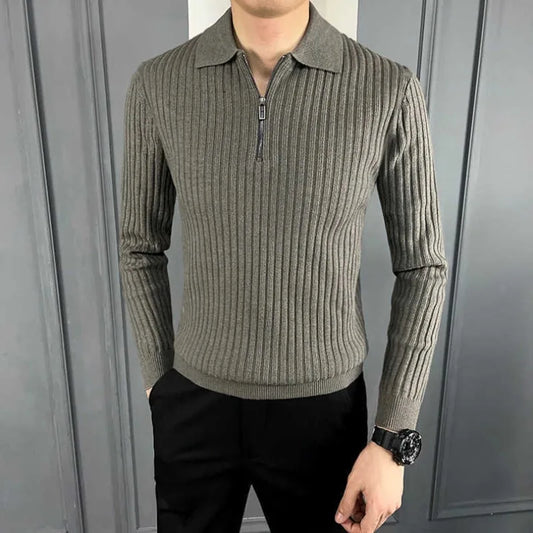 sanyamk Men's Autumn Winter Fashion Casual Solid Color Pullover POLO Neck Half Zip Versatile Long Sleeve Slim Fit Sweater Knitted Tops