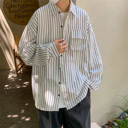 Bonsir Autumn New Striped Shirt Handsome Long Sleeve Pocket Design Men's Clothing Button Loose Streetwear Casual Korean 2024 Autumn