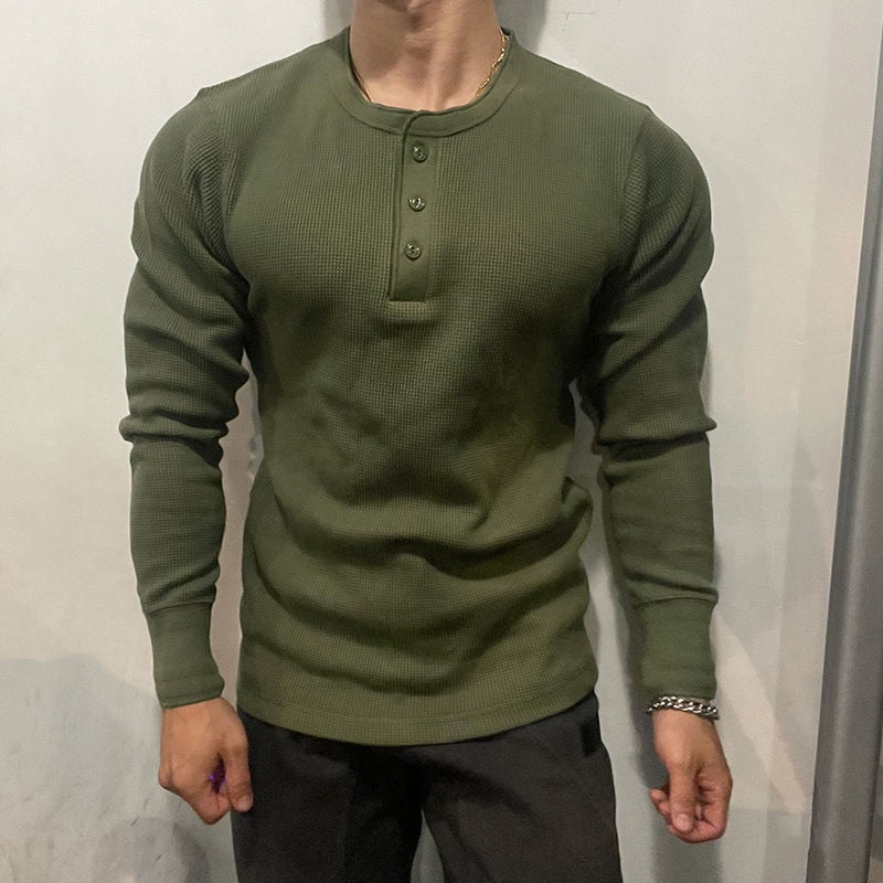 sanyamk 315g New Sports Leisure Solid Fitness Tshirts Heavy American Retro T-shirt Cotton Show Figure Waffle Slim Men Henry Collar Tops