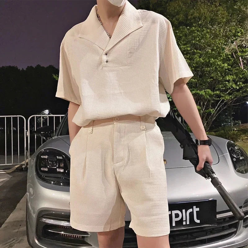 sanyamk  -  Large Lapel Concave And Convex Lattice Pattern Men Sport Suit Summer 2 Piece Set Short Sleeve Polo Short Casual Men Set Clothing