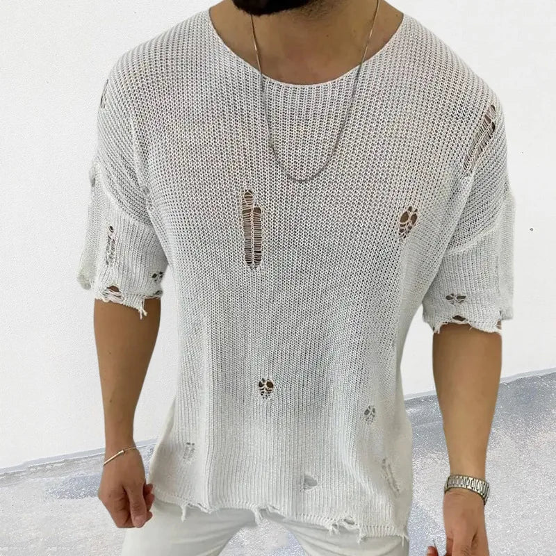 sanyamk 2024 Summer Men Sweater Thin Short Sleeve O-neck Knitted T-shirt Tops Casual Hollow Loose Knit Shirt Pullover Male Streetwear