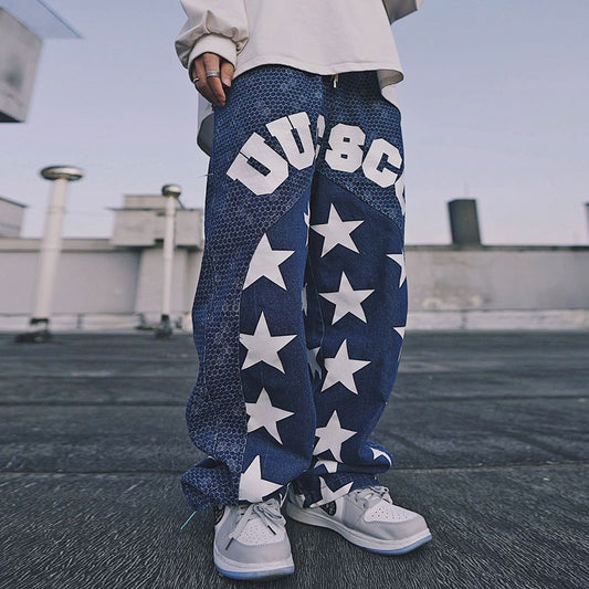 Bonsir Y2K Baggy Cargo Pants Men Blue Straight Trousers Male Casual Loose Vintage Star Streetwear Hip Hop Fashion Spring