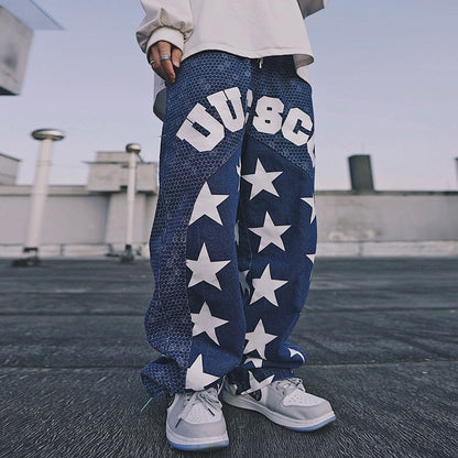 sanyamk Y2K Baggy Cargo Pants Men Blue Straight Trousers Male Casual Loose Vintage Star Streetwear Hip Hop Fashion Spring