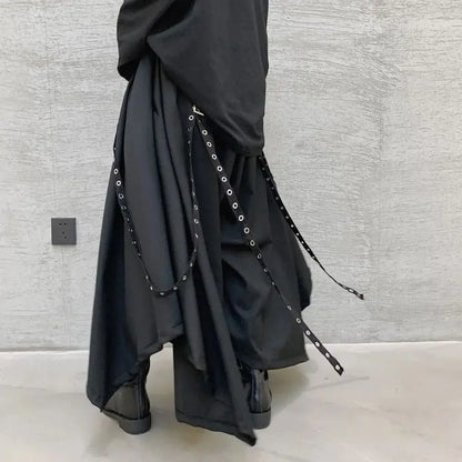 Bonsir Men Ribbon Dark Black Wide Leg Pants Male Women Japan Streetwear Punk Gothic Harem Trousers Kimono Skirt Pants