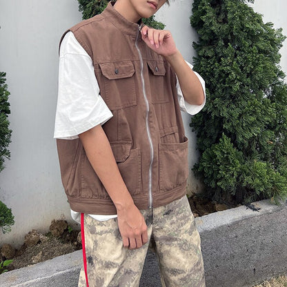 sanyamk Retro Multi-pockets Streetwear Oversized Sleeveless Jackets Mens and Womens Solid Color Harajuku Hip Hop Loose Vest