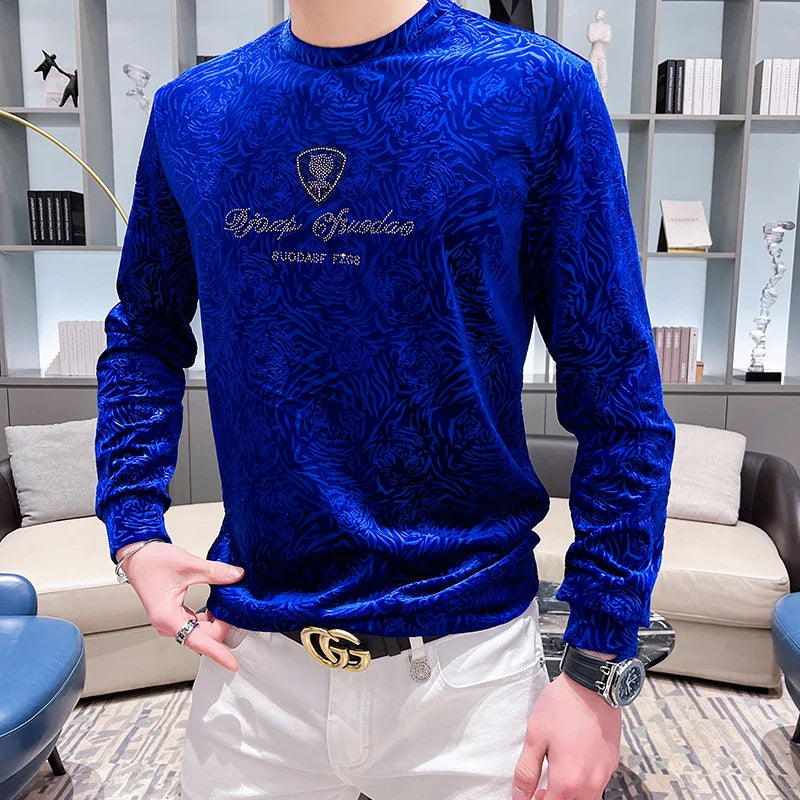 Bonsir Velvet Rhinestone T-shirt Men Fashion Long Sleeve Sweatshirt Casual Pullover Business Social Streetwear Men Clothing