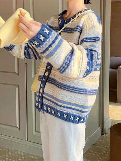 sanyamk Vintage Cardigan Sweater Men Blue Long Sleeve Striped Sweater Coat V-neck Casual Knitted Jumpers Male Korean Clothes