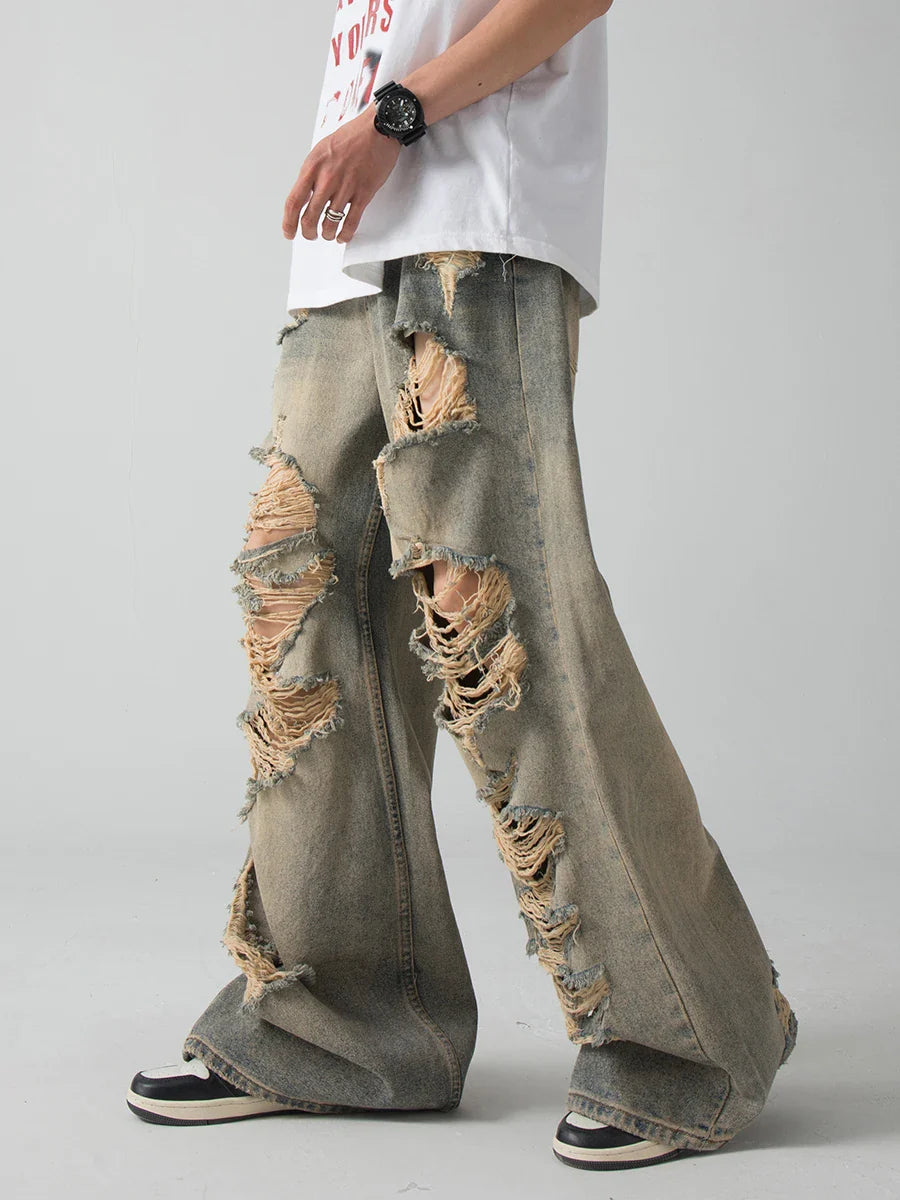 sanyamk Old and Worn Hole Jeans, High Street, Wasteland Style, Small Crowd Vibe, Beggar, Floor Sweeping Long Pants, blusa masculina