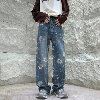 sanyamk Autumn Men Fashion Printed Jeans Denim Male Harajuku Trousers Korean Style High Street Loose Hip Hop Woman Wide-leg Jean Pants