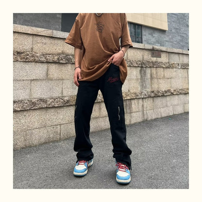 sanyamk New Fashion Letter Embroidery Vintage Brown Men Cargo Jeans Pants Ankle Zipper Hip Hop Baggy Straight Denim Trousers Pantalones